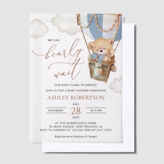 Teddybeer, blauwe heteluchtballon, Baby shower Vellum Uitnodigingen (Offset)