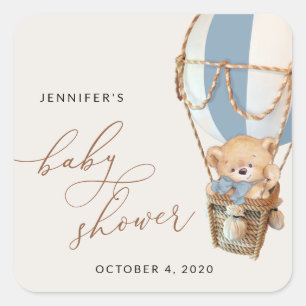 Teddybeer, blauwe heteluchtballon, Baby shower Vierkante Sticker