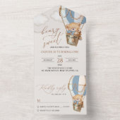 Teddybeer, blauwe heteluchtballon, eerste verjaard all in one uitnodiging (Binnen)