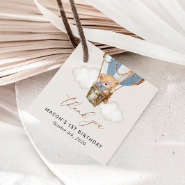 Teddybeer, blauwe heteluchtballon, eerste verjaard bedankjes labels