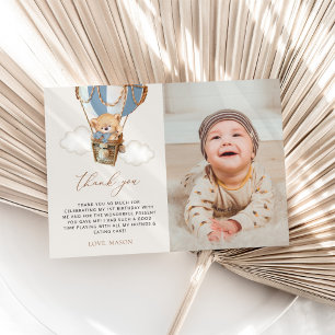 Teddybeer, blauwe heteluchtballon, eerste verjaard bedankkaart