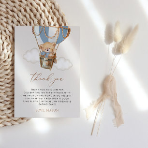 Teddybeer, blauwe heteluchtballon, eerste verjaard bedankkaart