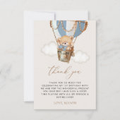 Teddybeer, blauwe heteluchtballon, eerste verjaard bedankkaart (Voorkant)