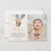 Teddybeer, blauwe heteluchtballon, eerste verjaard bedankkaart (Voorkant)