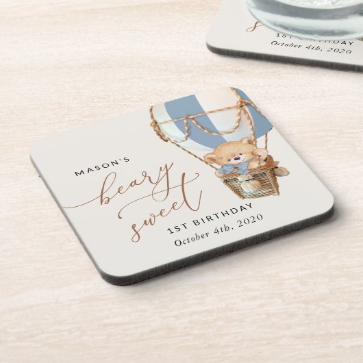 Teddybeer, blauwe heteluchtballon, eerste verjaard bier onderzetter (Linkerzijde)