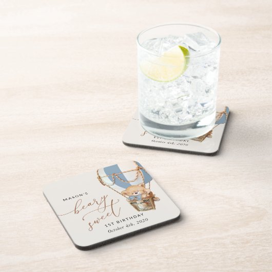 Teddybeer, blauwe heteluchtballon, eerste verjaard bier onderzetter (Rechterzijde)