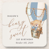 Teddybeer, blauwe heteluchtballon, eerste verjaard bier onderzetter (Voorkant)