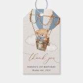 Teddybeer, blauwe heteluchtballon, eerste verjaard cadeaulabel (Voorkant)