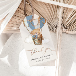 Teddybeer, blauwe heteluchtballon, eerste verjaard cadeaulabel