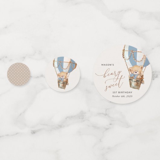 Teddybeer, blauwe heteluchtballon, eerste verjaard confetti (Voorkanten)