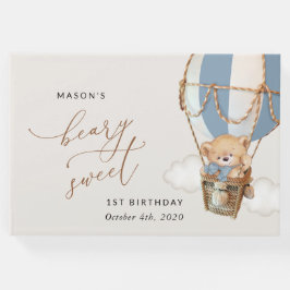 Teddybeer, blauwe heteluchtballon, eerste verjaard gastenboek