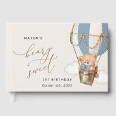 Teddybeer, blauwe heteluchtballon, eerste verjaard gastenboek (Voorkant)