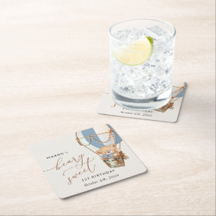 Teddybeer, blauwe heteluchtballon, eerste verjaard kartonnen onderzetters