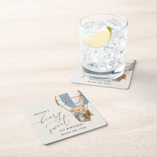 Teddybeer, blauwe heteluchtballon, eerste verjaard kartonnen onderzetters (Insitu)