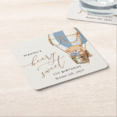 Teddybeer, blauwe heteluchtballon, eerste verjaard kartonnen onderzetters (Schuin)