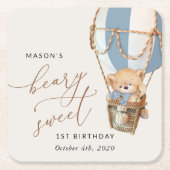 Teddybeer, blauwe heteluchtballon, eerste verjaard kartonnen onderzetters (Voorkant)