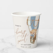 Teddybeer, blauwe heteluchtballon, eerste verjaard papieren bekers (Voorkant)