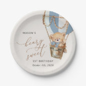 Teddybeer, blauwe heteluchtballon, eerste verjaard papieren bordje (Voorkant)