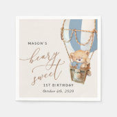 Teddybeer, blauwe heteluchtballon, eerste verjaard servet (Voorkant)