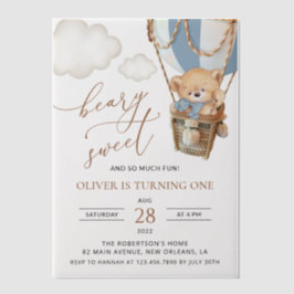 Teddybeer, blauwe heteluchtballon, eerste verjaard vellum uitnodigingen