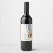 Teddybeer, blauwe heteluchtballon, eerste verjaard wijn etiket (Voorkant)