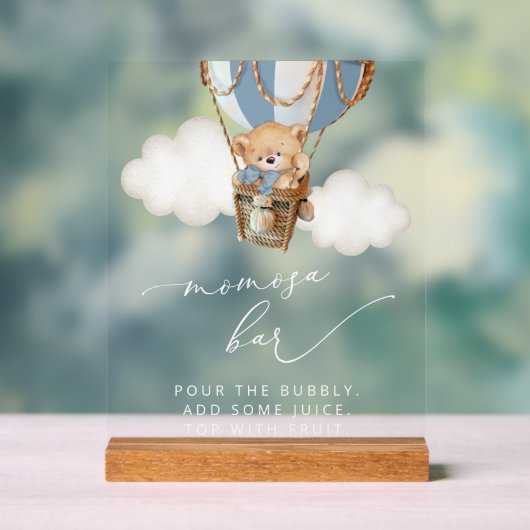 Teddybeer, blauwe heteluchtballon, Momosa Bar Acryl Bord (Neutraal)