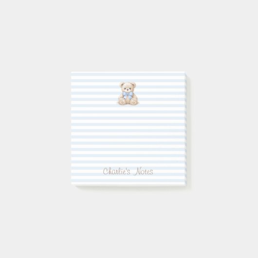 Teddybeer & Blauwe Strepen Aangepaste Naam Script Post-it® Notes (Voorkant)
