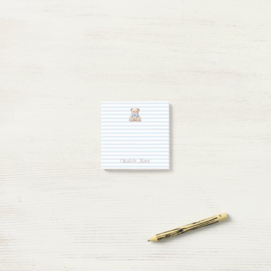 Teddybeer & Blauwe Strepen Aangepaste Naam Script Post-it® Notes (Op bureau)