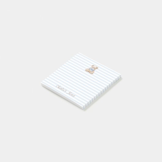 Teddybeer & Blauwe Strepen Aangepaste Naam Script Post-it® Notes (Schuin)