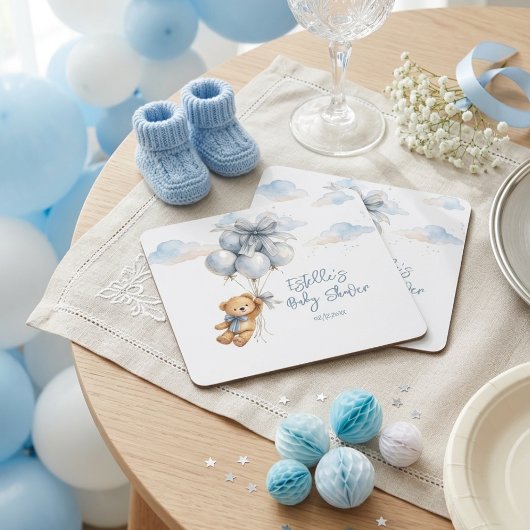 Teddybeer Blauwe Strik Ballonnen Wolken Baby Jonge Kartonnen Onderzetters