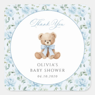 Teddybeer, Blauwe Strik, Blauwe Bloemen, Baby Show Vierkante Sticker