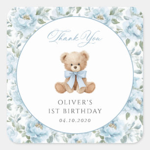 Teddybeer, Blauwe Strik, Blauwe Bloemen, Eerste Ve Vierkante Sticker