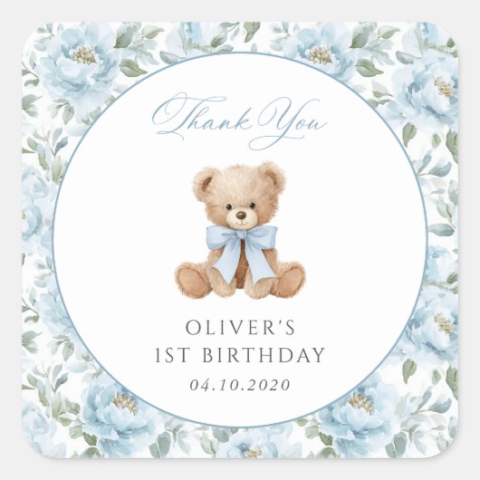 Teddybeer, Blauwe Strik, Blauwe Bloemen, Eerste Ve Vierkante Sticker (Voorkant)