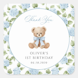 Teddybeer, Blauwe Strik, Blauwe Bloemen, Eerste Ve Vierkante Sticker