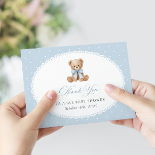 Teddybeer, Blauwe Strik, Blauwe Stippen, Baby Show Bedankkaart
