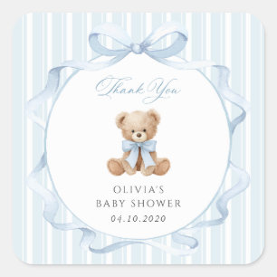 Teddybeer, Blauwe Strik, Blauwe Strepen, Baby Show Vierkante Sticker