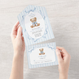 Teddybeer, Blauwe Strik, Blauwe Strepen, Eerste Ve All In One Uitnodiging