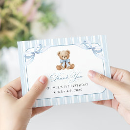Teddybeer, Blauwe Strik, Blauwe Strepen, Eerste Ve Bedankkaart