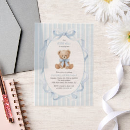 Teddybeer, Blauwe Strik, Blauwe Strepen, Eerste Ve Vellum Uitnodigingen