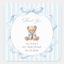 Teddybeer, Blauwe Strik, Blauwe Strepen, Eerste Ve Vierkante Sticker
