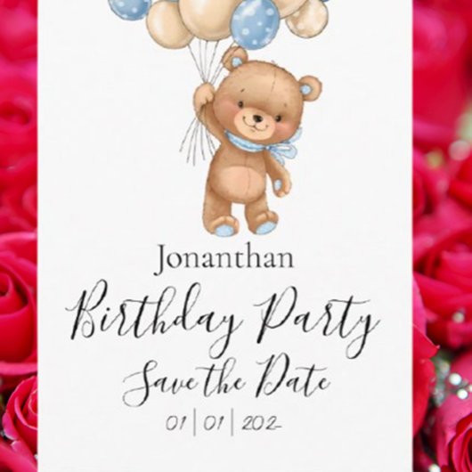 Teddybeer Blauwe Verjaardagsfeestje Bewaar de datu Briefkaart