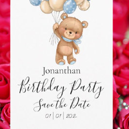 Teddybeer Blauwe Verjaardagsfeestje Datum Komen Va Briefkaart