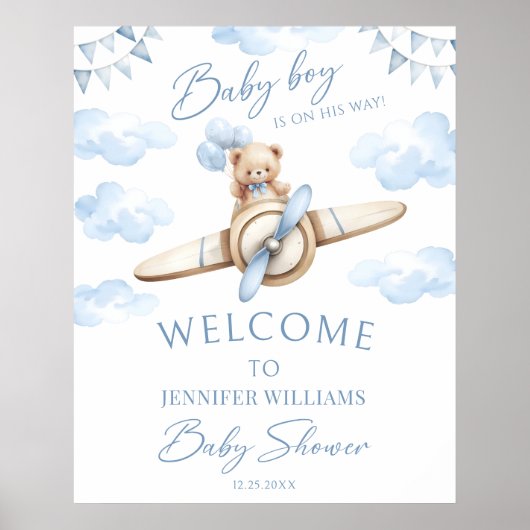 Teddybeer Blauwe Vliegtuig Avontuur Baby Jongen Sh Poster (Voorkant)