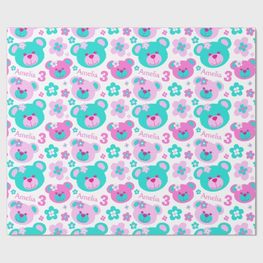 Teddybeer bloemen 3e verjaardag naam cadeau papier (Vlak)