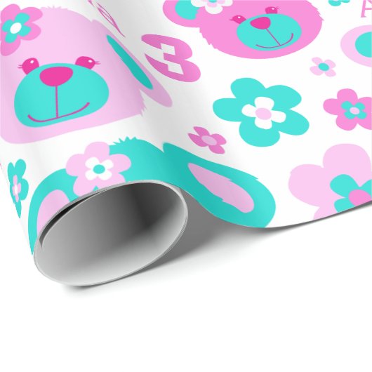 Teddybeer bloemen 3e verjaardag naam cadeau papier (Rol Hoek)