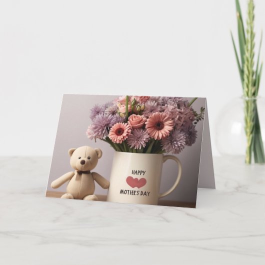 Teddybeer, Bloemen & Koffie Mok Moederdag Kaart (Voorkant)