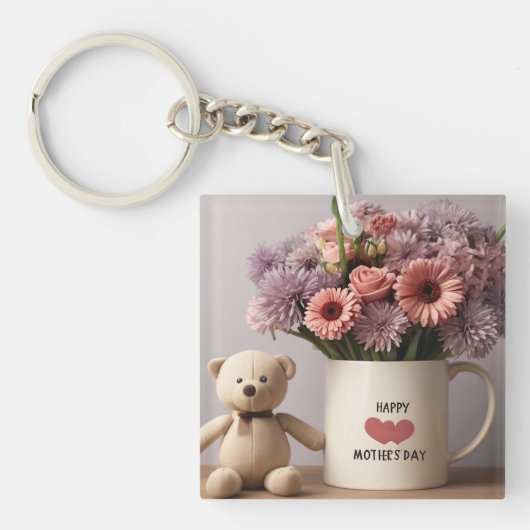 Teddybeer, Bloemen & Koffie Mok Sleutelhanger (Voorkant)