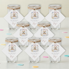 Teddybeer bloemenkrans babyshower drankjes bedankjes labels