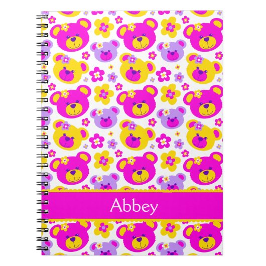 Teddybeer bloemmotief meisjes roze naam notitieboe notitieboek (Voorkant)