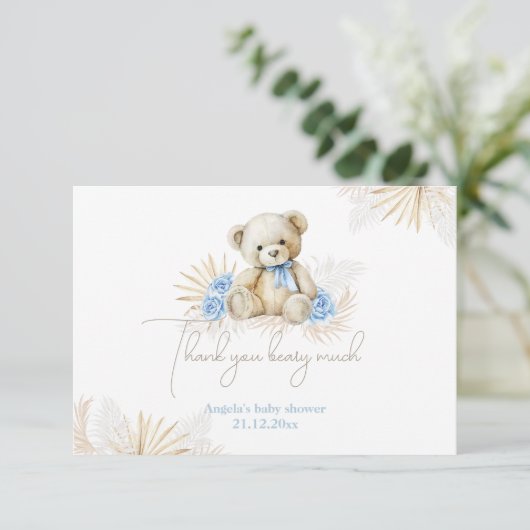 Teddybeer Boho Blue Boy Baby shower Bedankkaart (Staand voorkant)